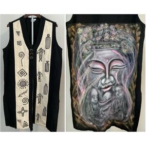Venus Imports‎ Button Front Long Duster Vest Ivory/Black Tribal Art Sz L